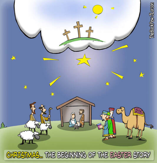 This Christian cartoon shares that Christmas is the beginning of the Easter storyPicture