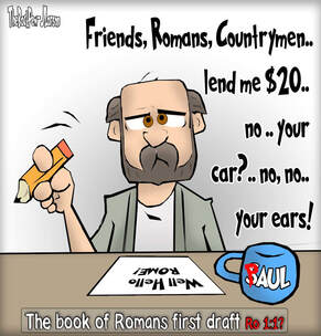This Bible cartoon features  Paul writing Rome.