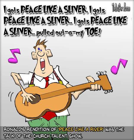 This Christian cartoon features a guy singing Peace Like a River but making it his own.