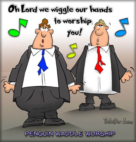 This Christian cartoon features a couple guys who resemble penguins when they worship