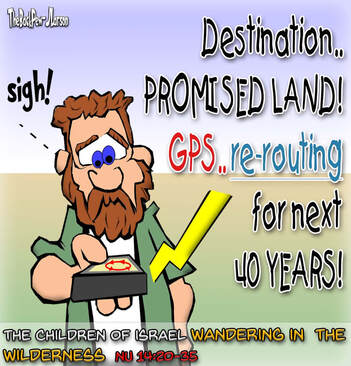 This Bible Cartoon features the Children of  Israel wandering in the Wilderness  with GPS Issues