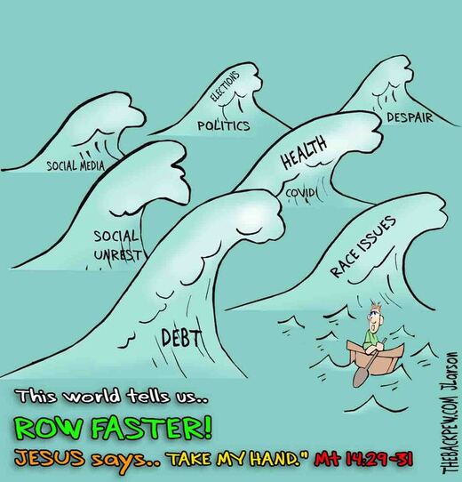 This Christian cartoon asks the question Should we ROW FASTER or take the HAND OF JESUS