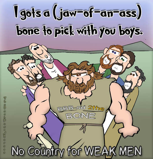 This Christian Cartoon features Samson with the jawbone of an ass about to pick a fightPicture