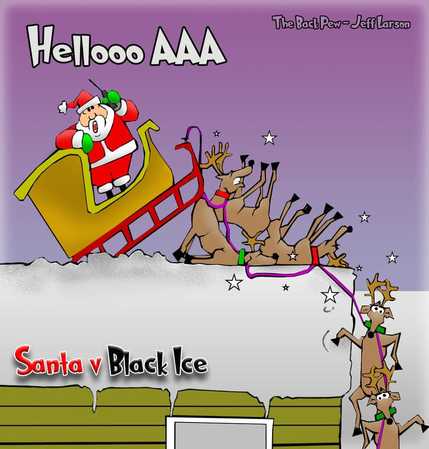 This Christmas cartoon features Santa Claus hitting a patch of black ice.