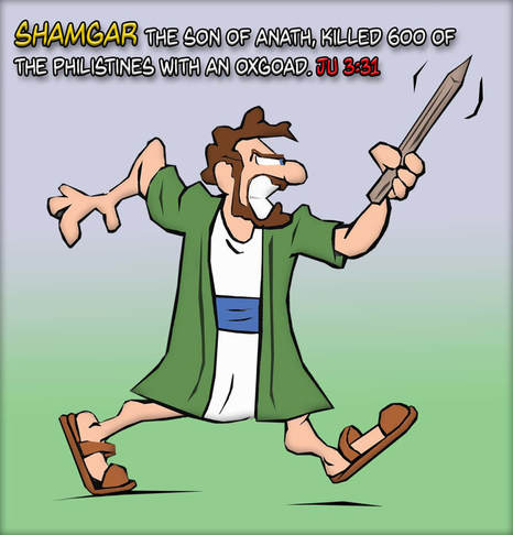 This Bible cartoon features from the book of Judges, Shamgar who killed 600 Philistines with an OxGoad.