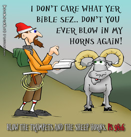 This christian cartoon features Psalm 98:6 where a live sheep has his horns blown