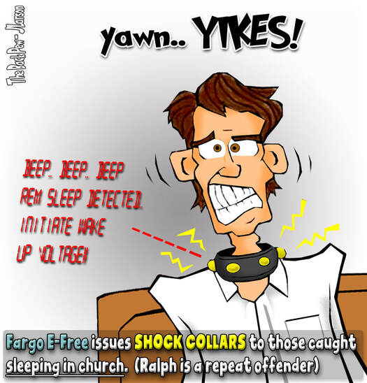 This Church Cartoon features shock collars used to keep sleepy members awake