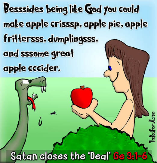This Bible Cartoon features the Genesis 3 story of the Snake (Satan) tempting Eve to eat of the apple from the Tree of Knowledge of Good and Evil.Picture