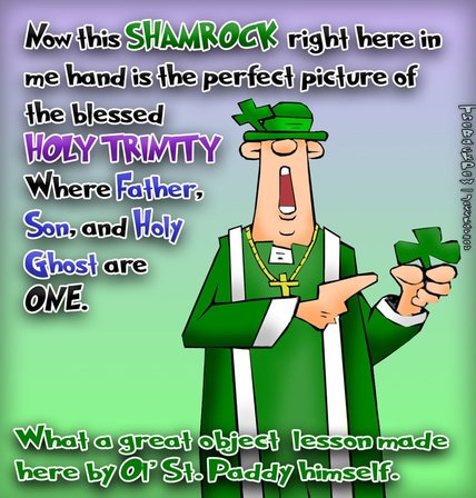 This christian cartoon features St Patrick sharing the spiritual lesson of the Shamrock