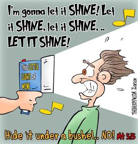 This Christian cartoon features Matthew 5:15 and to shine our light before man