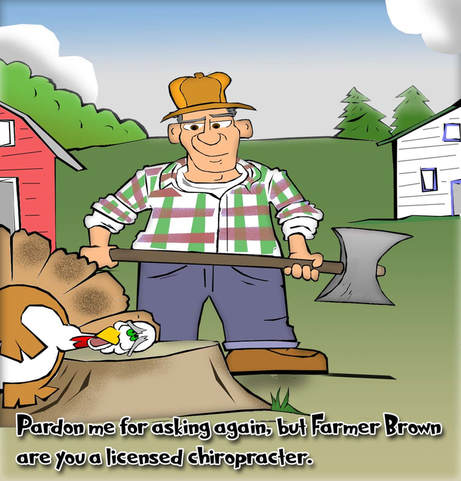 This Thanksgiving cartoon features a turkey getting a chiropractor treatment