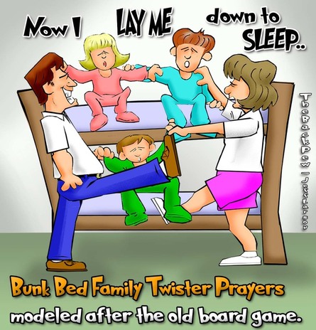 This christian cartoon features a family doing bedtime prayers like the old Twister board game.