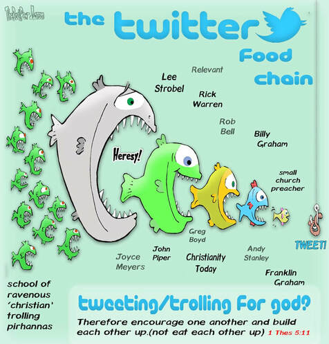 This Christian Cartoon features Twitter where Christians  often go to fight instead of build each other up