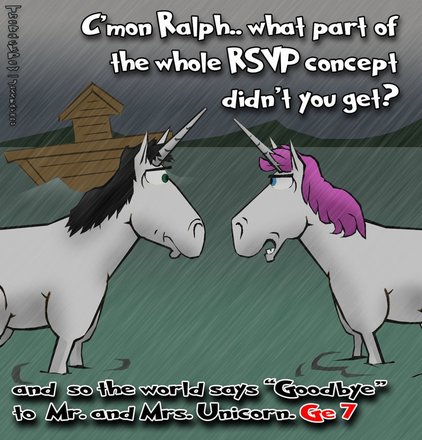 This bible cartoon features  Unicorns miss boarding Noah's Ark