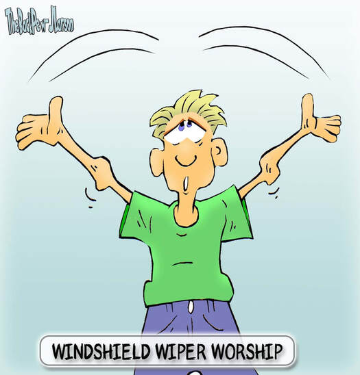 This Church Cartoon features a man worshiping waving hands like wind shield wipers