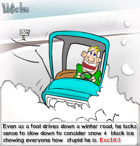 This Christian Cartoon features the hazards of icey winter roads