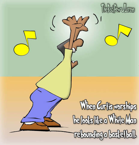 This Worship cartoon features a man with hands lifted high
