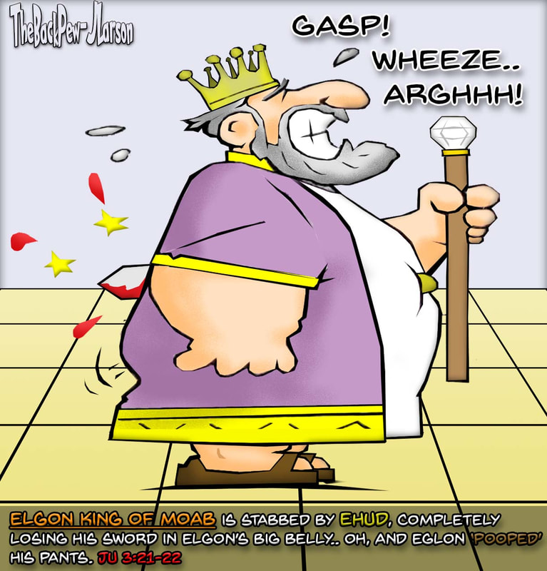 This bible cartoon features King Eglon from the book of Judges being stabbed by Ehud