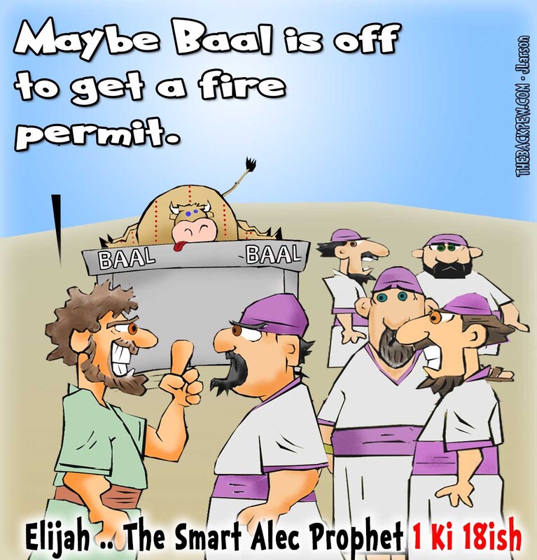 Old Testament, cartoons, prophets of Baal v Elijah, 1 Kings 18