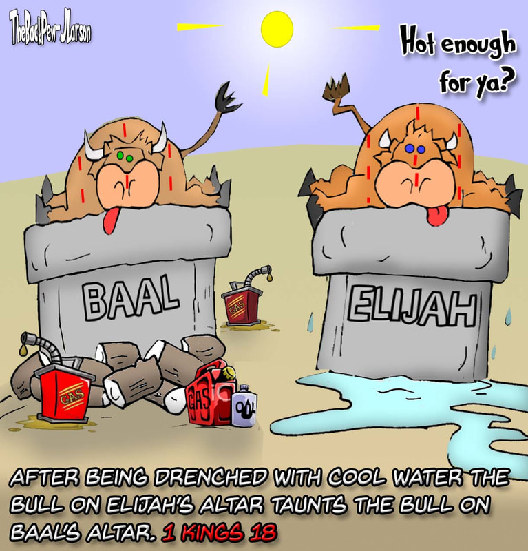 Old Testament, cartoons, prophets of Baal v Elijah, 1 Kings 18