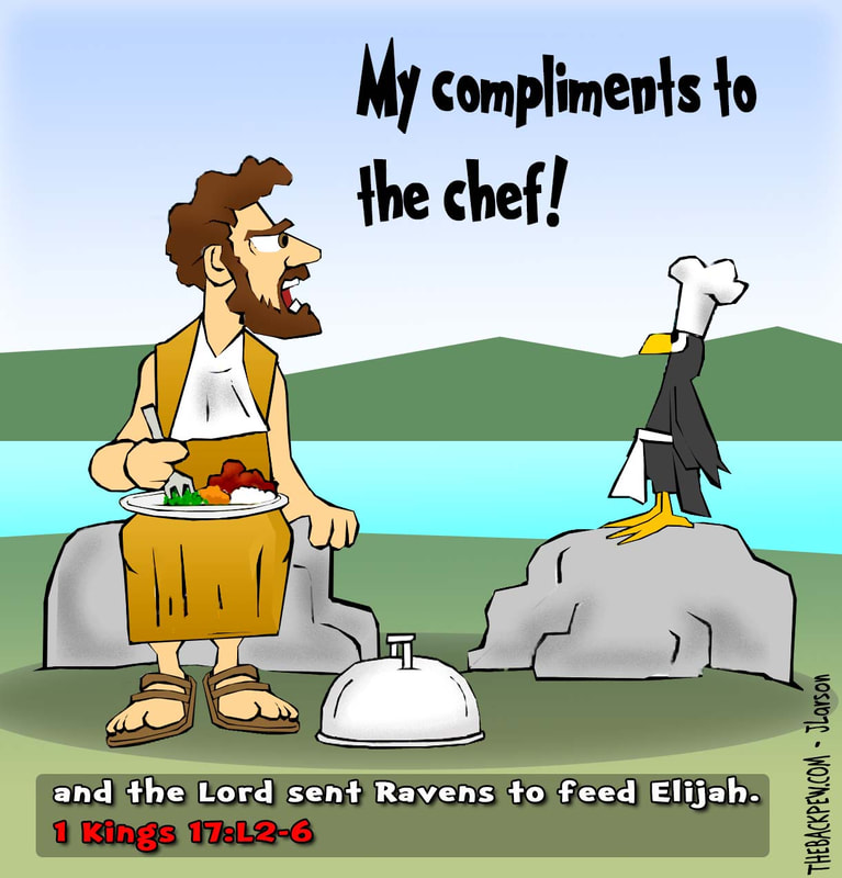 Old Testament, cartoons, Elijah, 1 Kings 17:2-6 fed by ravens