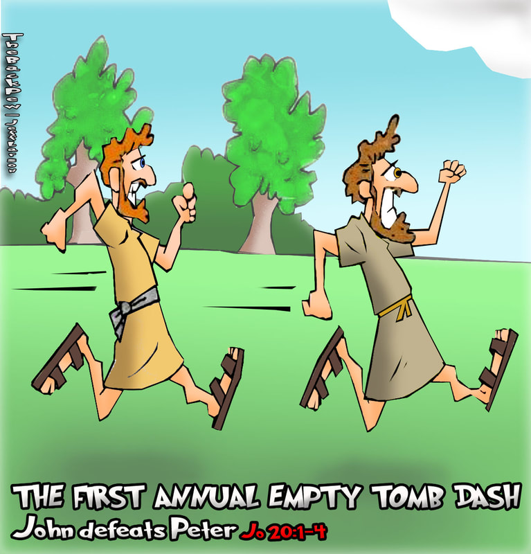 This Easter cartoon features Peter and John racing to the empty tomb as Jesus is risen