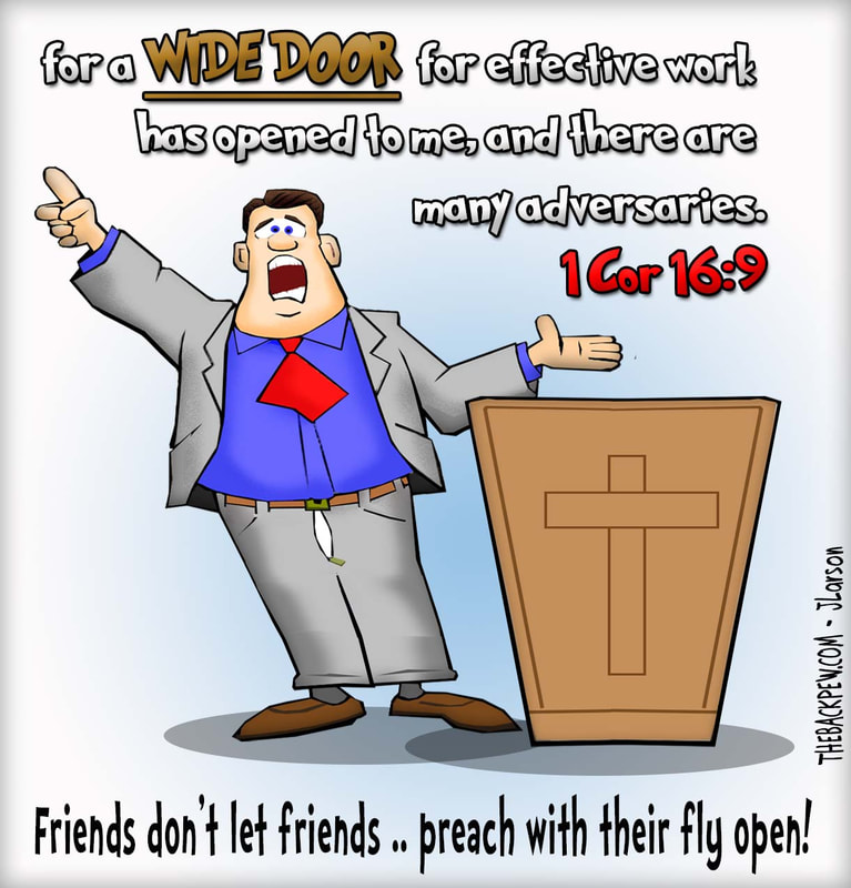 This church cartoon features a preacher who left his fly open