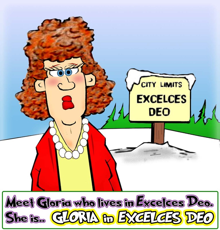 This Christmas cartoon features a woman who is Gloria in Excelces Deo