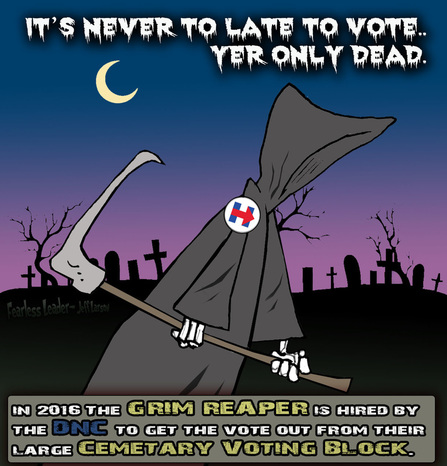 This politcal cartoon pokes fun at voter fraud