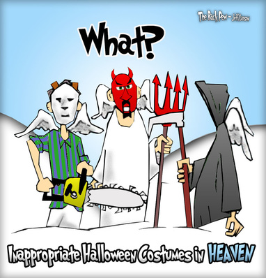This Halloween cartoon features irony of inappropriate costumes in Heaven