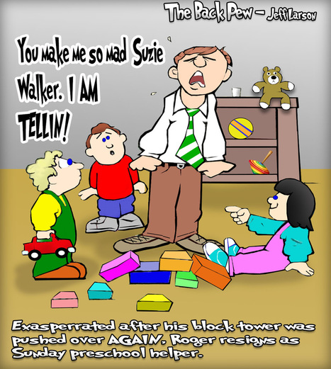 This church cartoon features a frustrated preschool sunday school helper
