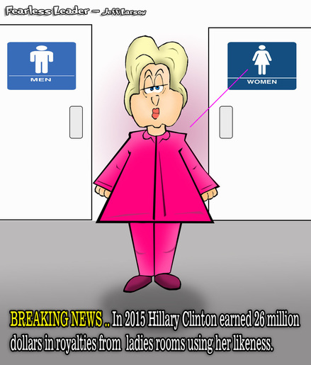 This political cartoon features Hillary Clinton and her uncanny resemblence to ladies room images