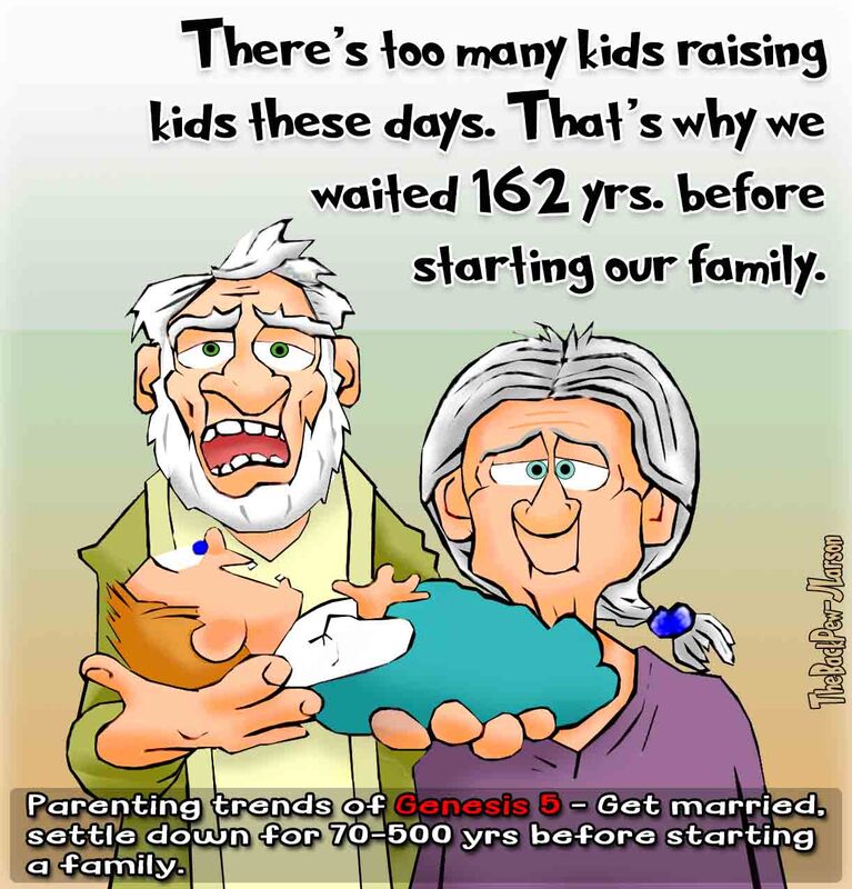 This Genesis Cartoon features the interesting fact of people longevity and waiting to start their families after 70 to.. 500 years
