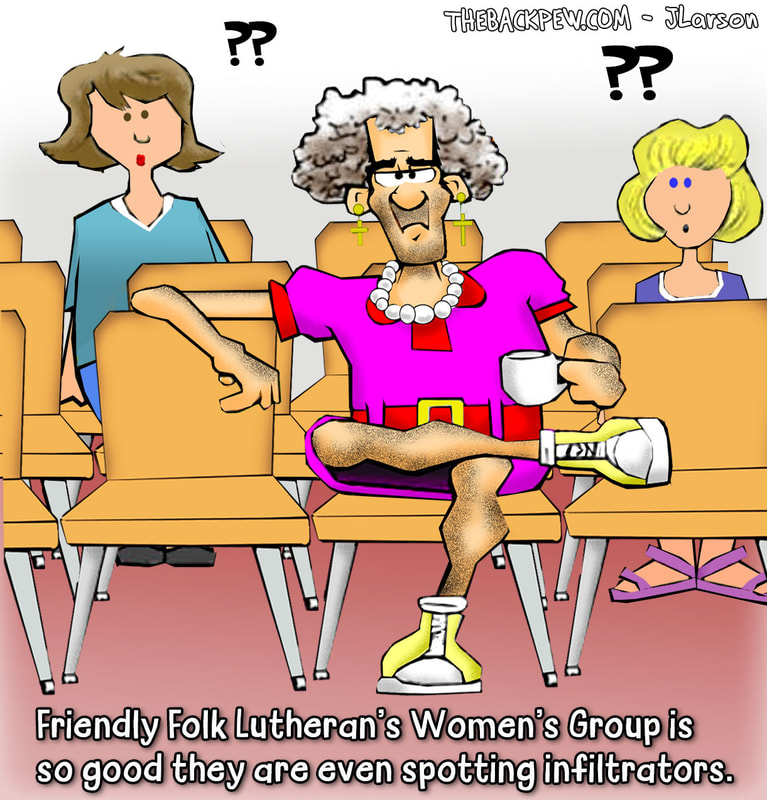 This church cartoon features such a great woman's bible study that men are trying to sneak in