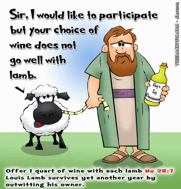 Numbers, cartoons, bible, Old Testament, Numbers 28:7, lamb and wine