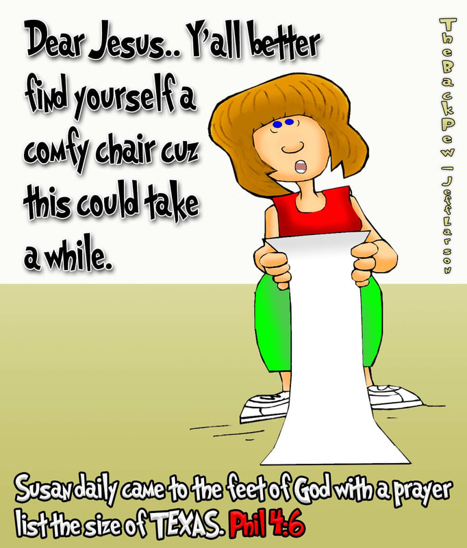 This christian cartoon features a young woman bringing her many prayer requests to the Lord 