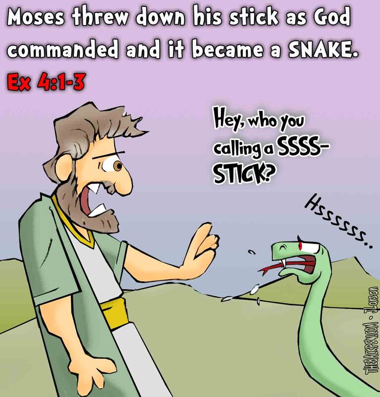 moses cartoons, bible cartoons, exodus cartoons, christian cartoons, Exodus 4:1-3