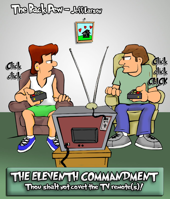 This christian cartoon features the TV remote being an object of marriage conflict