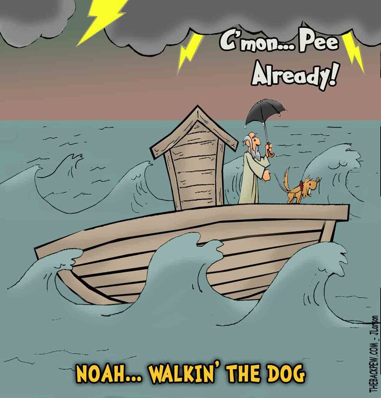 Noah cartoons on the Ark taking his dog for a walk