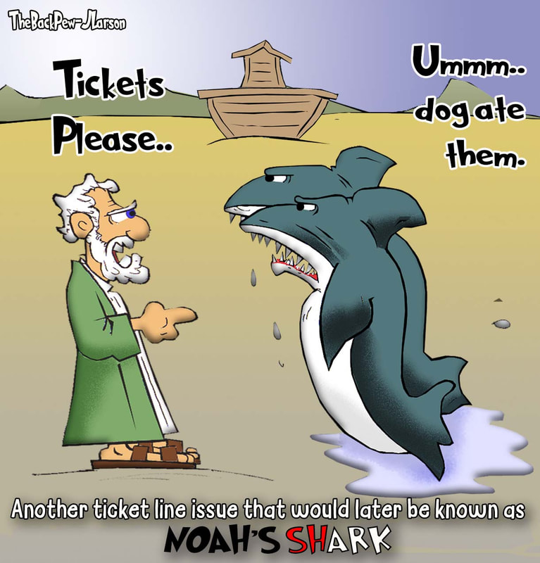 Noah cartoons loading sharks on the Ark in Genesis 7