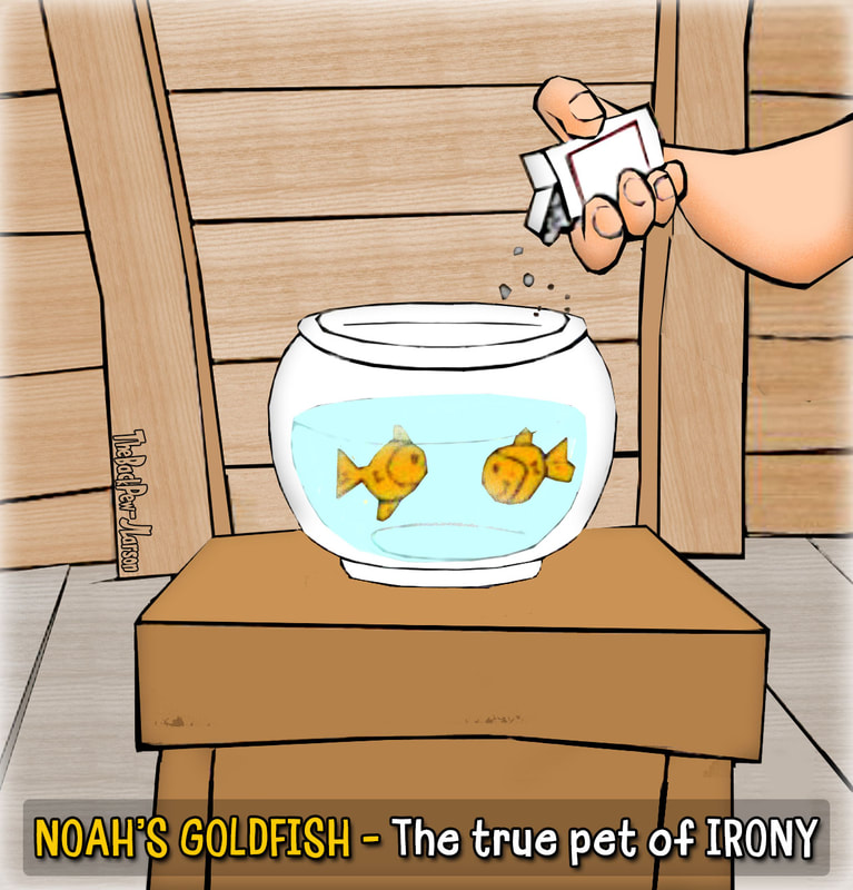 Noah cartoons of his two goldfish the pets of irony