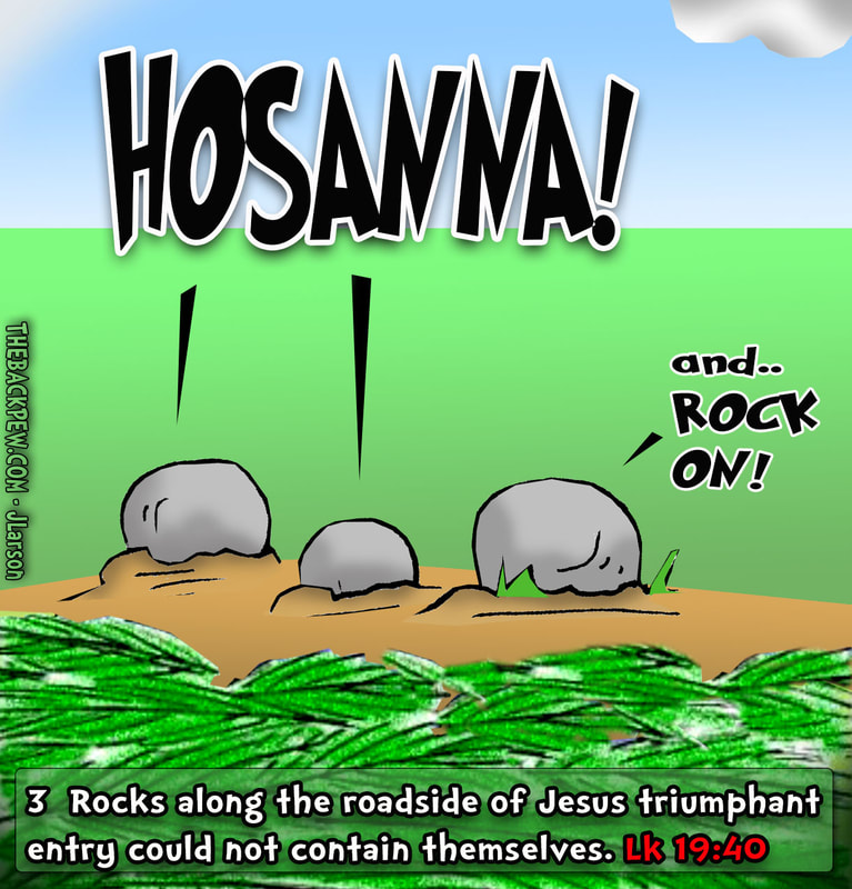 This Palm Sunday cartoon features  3 rocks crying out Hosanna during Jesus triumphant entry