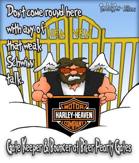 This Heaven cartoon features the Pearly Gates for Bikers