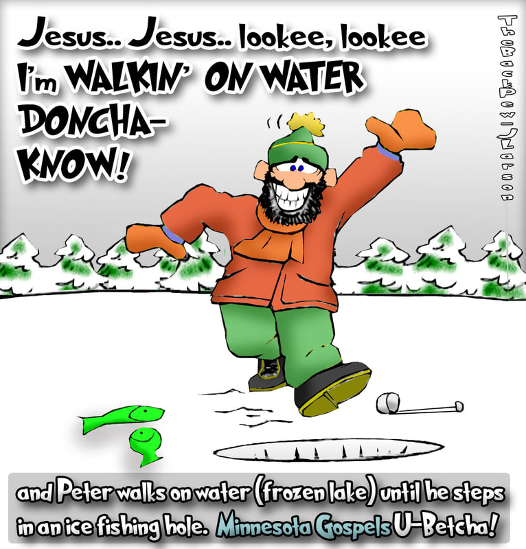 This christian cartoon features the bible story of Peter walking on water (ice) in the Minnesota Gospels