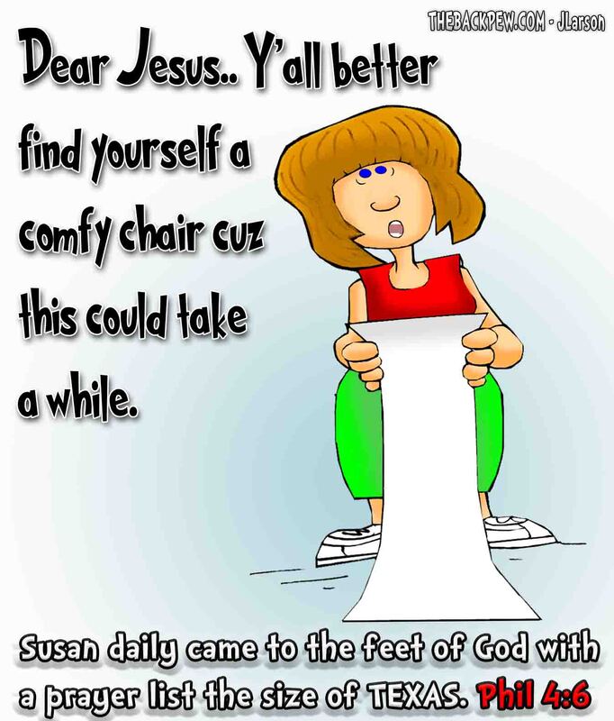 This christian cartoon features a young woman bringing her many prayer requests to the Lord 