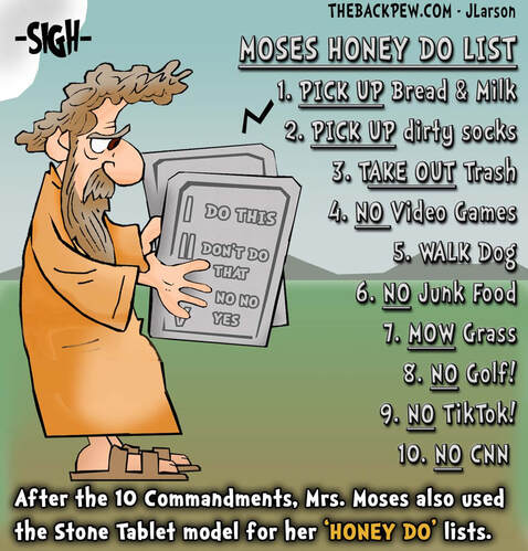 This bible cartoon features Moses with the 10 commandments grocery list from his wife