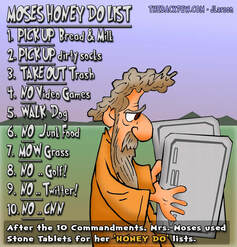 This bible cartoon features Moses with the 10 commandments grocery list from his wife