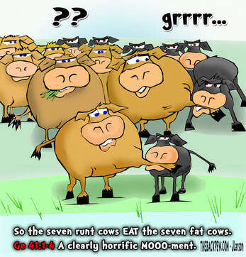 This Bible cartoon recalls Pharaoh's dream of 7 runt cows eating 7 fat cows