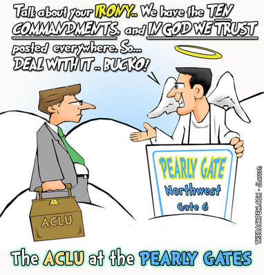 This christian cartoon features the irony of the eventual ACLU awkward moment in Heaven