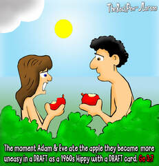 Adam and Eve cartoons from Genesis 3:7 when they eat the forbidden fruit and now know they are naked